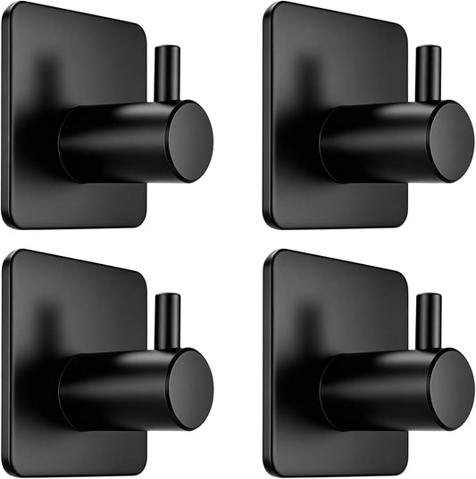 Fotosnow Black Adhesive Towel Hooks Heavy Duty Stick on Wall Hooks Shower Hooks for Bathroom Kitchen Door-4 Packs