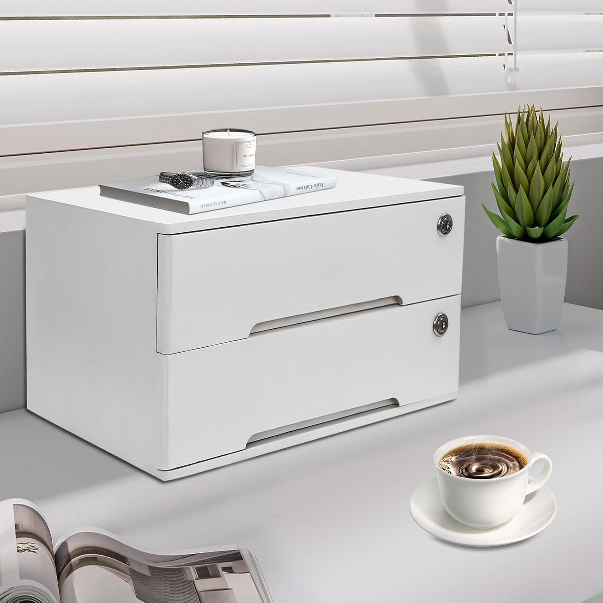 Wooden Desktop Storage Box with Lockable Drawers,2 Drawer Desktop Organizer Cabinet,Flat File Cabinet,Countertop Storage Cabinet for Office Home Toiletries Supplies Vanity (White 2 locks)