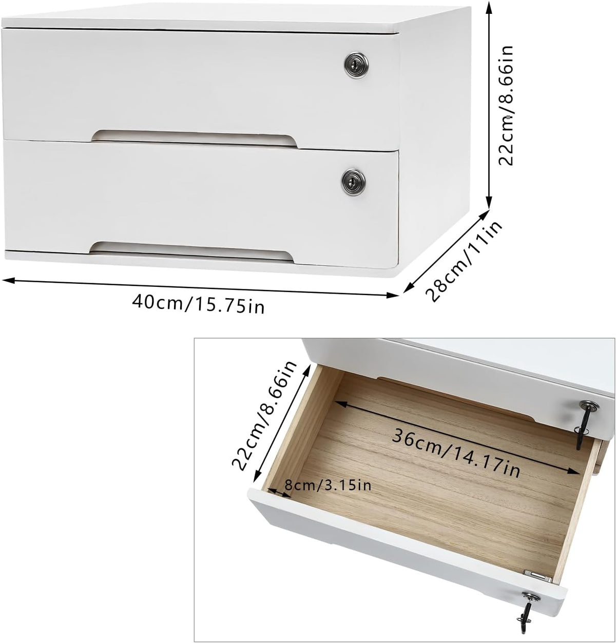 2-Tier Wooden Desktop Storage Box with Lockable Drawers, Flat File Cabinet Small Wooden Box Organizer for Office Supplies Installation-free, 15.75×11×8.66in (White)