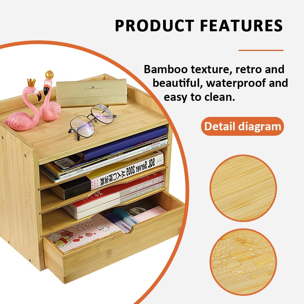 KKTONER 5-Tier Bamboo Desk Organizer with Drawer Tabletop File Organizer Document Holder with Shelf Desktop Cabinet for Home Office School Supplies (Natural)