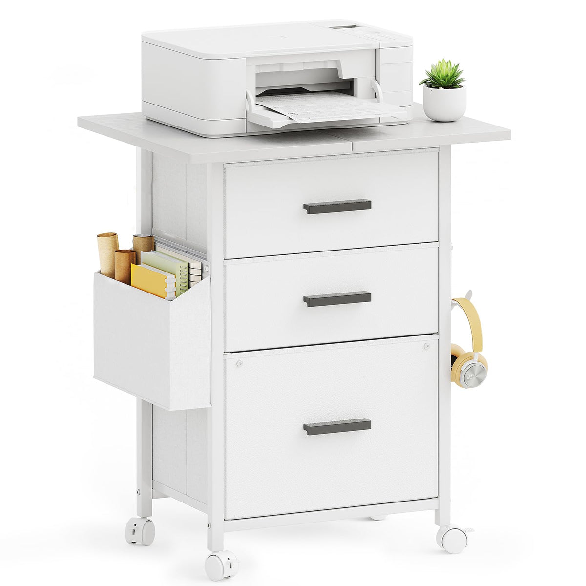 Mexin 3 Drawer File Cabinet with 22'' Extended Desktop, Mobile Filing Cabinet, Printer Stand, Rolling Printer Stand with Side Bag, Fabric Drawer, Fits A4 Size, Home Office,Rustic Brown