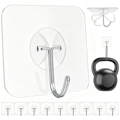 Large Adhesive Wall Hooks Heavy Duty for Hanging 44LB 10pcs Clear No Drill