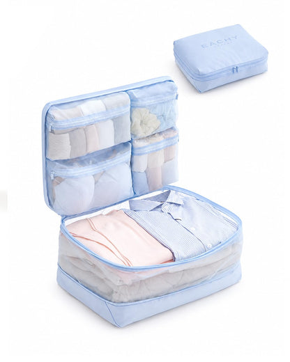 EACHY 5-in-1 Compression Packing Cube, Hanging Luggage Organizer with 4 Compartments for Clothes and Underwear, Machine Washable Travel Suitcase Accessories (Pink, Large)