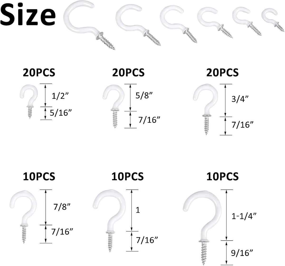 Romeda 90 Pcs White Ceiling Hooks kit, 6 Sizes Vinyl Coated Screw-in Plant, Kitchen, Cup, Ceiling Hooks for Hanging (1/2in, 5/8in,3/4in,7/8in,1'',1-1/4in)