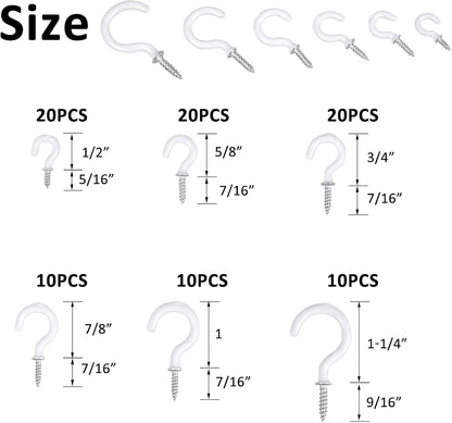Romeda 90 Pcs White Ceiling Hooks kit, 6 Sizes Vinyl Coated Screw-in Plant, Kitchen, Cup, Ceiling Hooks for Hanging (1/2in, 5/8in,3/4in,7/8in,1'',1-1/4in)