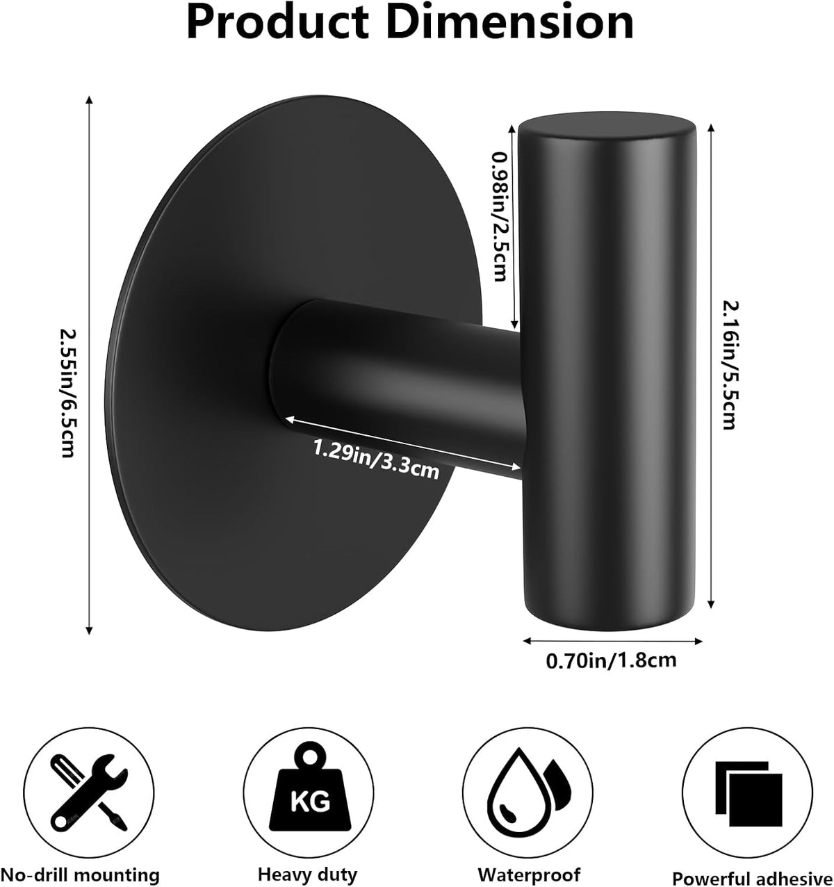 Self-Adhesive Coat Hooks, Stainless Steel Heavy Duty Wall Hooks, Towel Hooks for Hanging Robes, Aprons, Coats and Hats in Bathrooms,Kitchens and Hotels(2 Pack, Black)