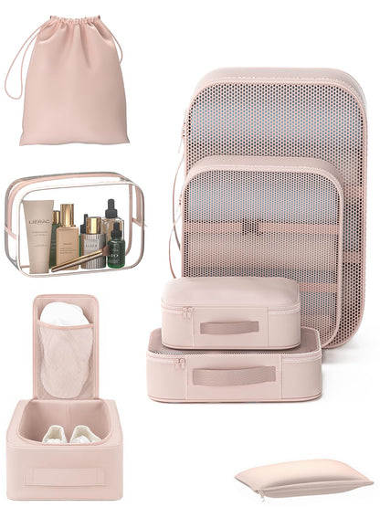 8 Set Packing Cubes for Travel with Clear Toiletry Bag, Durable Luggage Packing Organizers, Carry-On Accessories, TSA Approved See-Through Cubes, Space-Saving Storage Bags, Gifts for Women