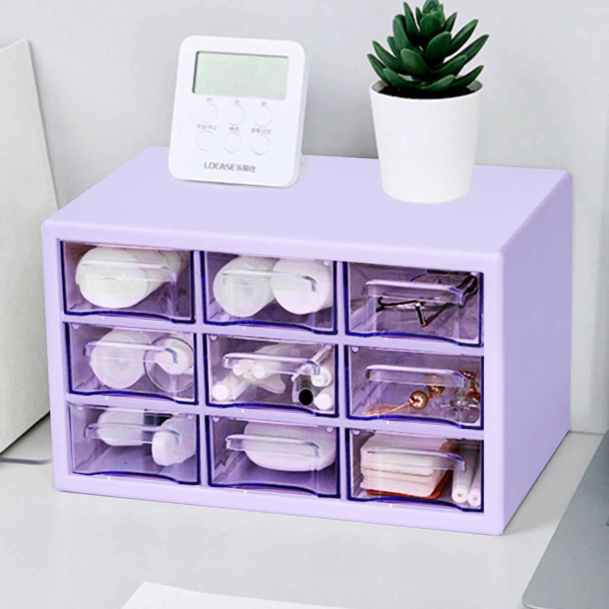 Desk Storage Organizer with 9 Drawers, MYKASEN Clear Plastic Storage Cabinet, Stackable Desk Storage Box for Makeup Office Craft Hardware Art Supplies, 9.8x6.3x5.9inch(White)