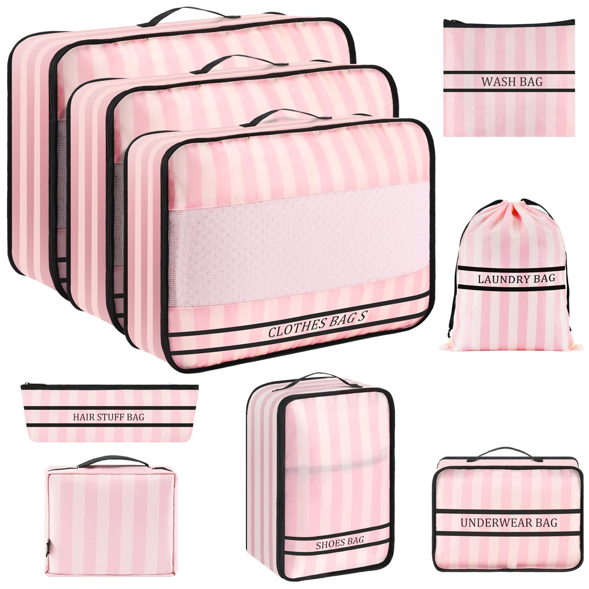 9 Set Packing Cubes Luggage Packing Organizers for Travel Accessories Space Saving Travel Bags for Carry On, Lightweight Mesh Zipper, Clothes, Shoes and Laundry Bag, Suitcases (Pink Streak)