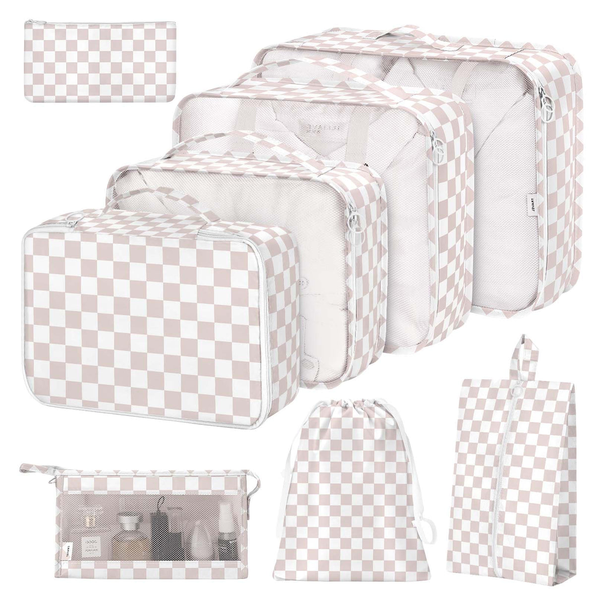 8 Set Packing Cubes for Suitcases,Packing Cube with Shoe, Cosmetics, Clothing, and Accessories Bags Packing Cubes for Travel Luggage Organizer Women Men(Khaki Checkered)