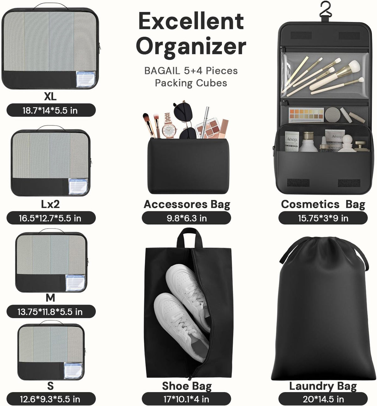 BAGAIL 9 Set Packing Cubes with Packing List Luggage Packing Organizers for Travel Accessories (Black)