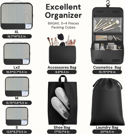 BAGAIL 9 Set Packing Cubes with Packing List Luggage Packing Organizers for Travel Accessories (Black)