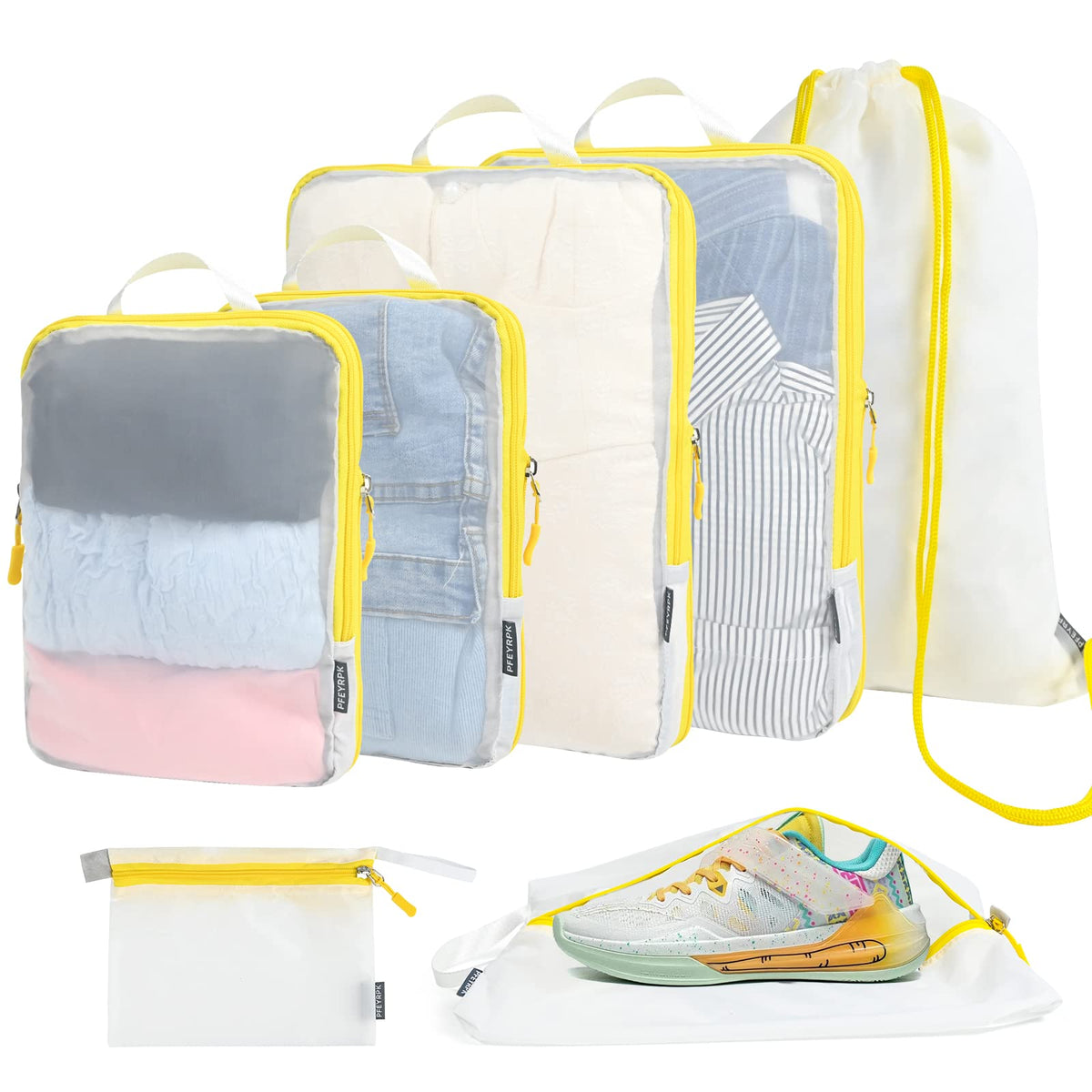 PFEYRPK Lightweight Compression Packing Cubes for Suitcases, Compressible Expandable Travel Packing Organizer with Clear Toiletries and Backpack Bag, Travel Essentials for Carry on Luggage 7 Set
