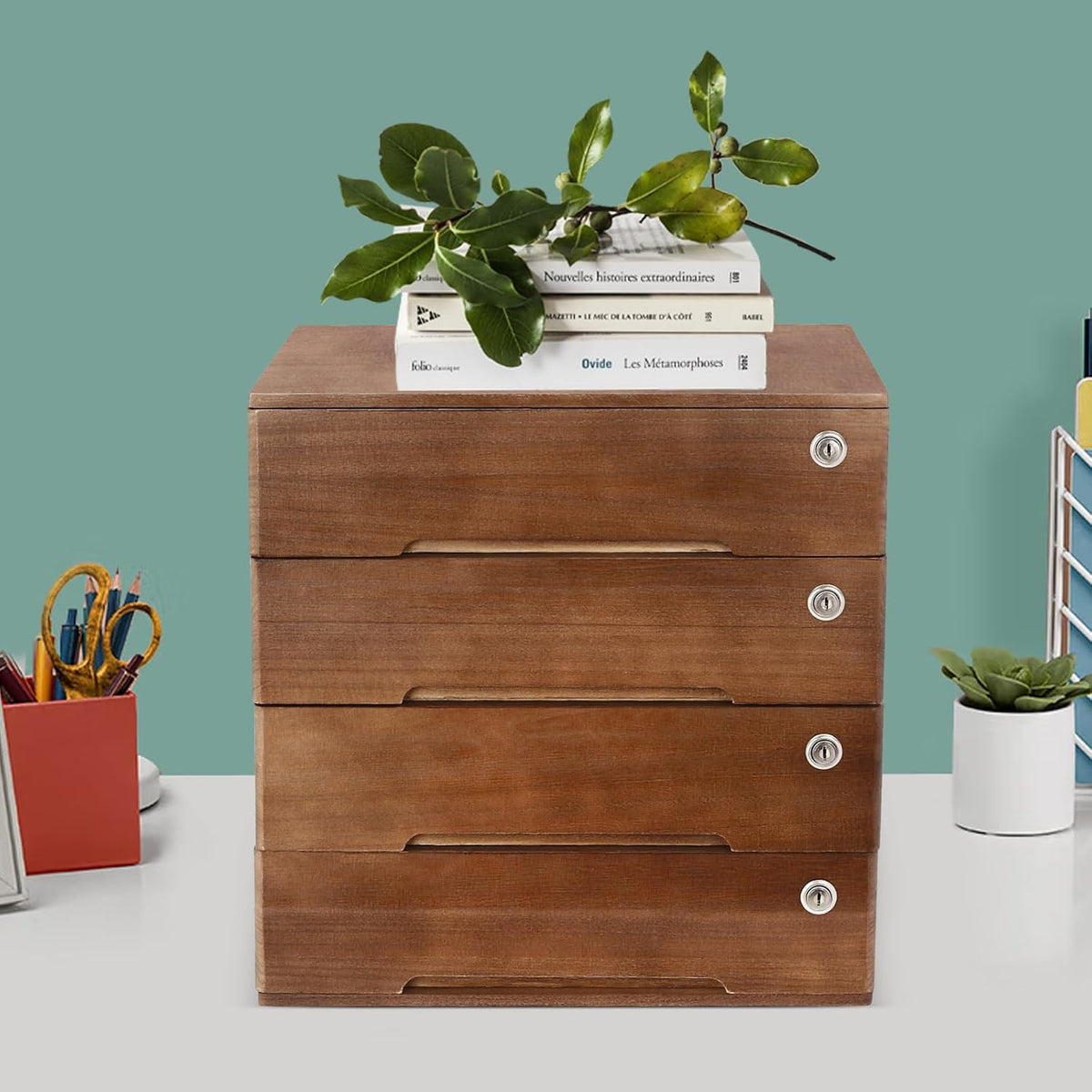 Wooden Desktop File Cabinet, 4-Drawer Lockable Storage Organizer