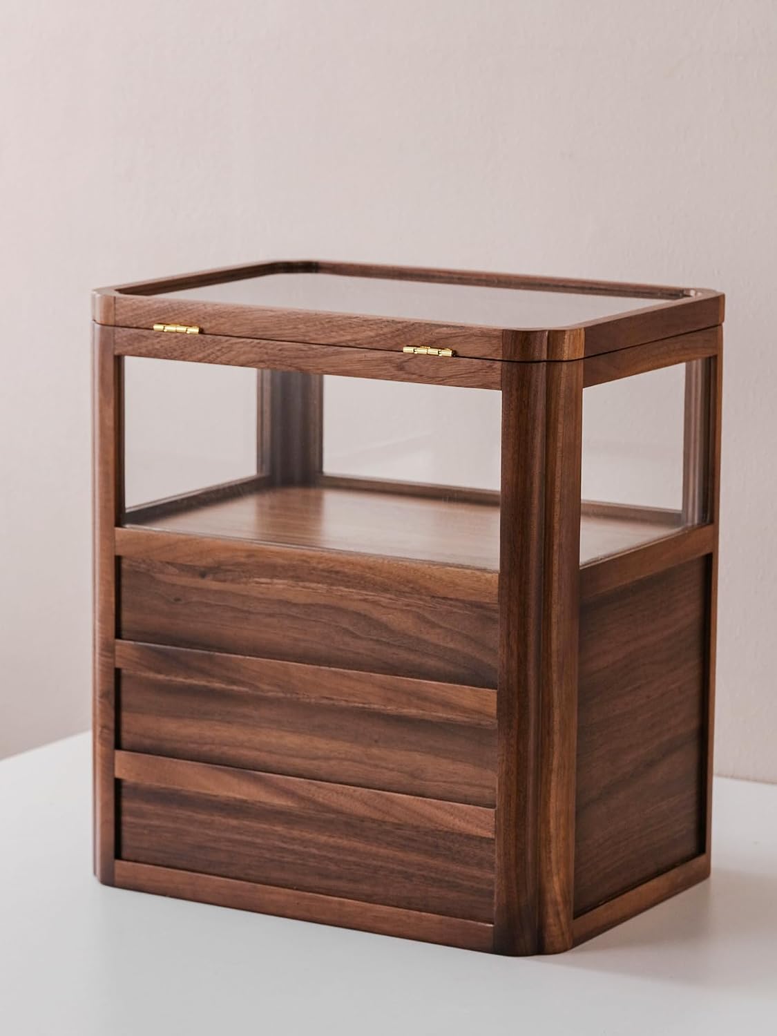 Walnut Wood & Glass Storage Cabinets Desktop Organizers Countertop with Drawers (SYJ-SCWD03)