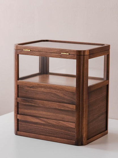 Walnut Wood & Glass Storage Cabinets Desktop Organizers Countertop with Drawers (SYJ-SCWD03)
