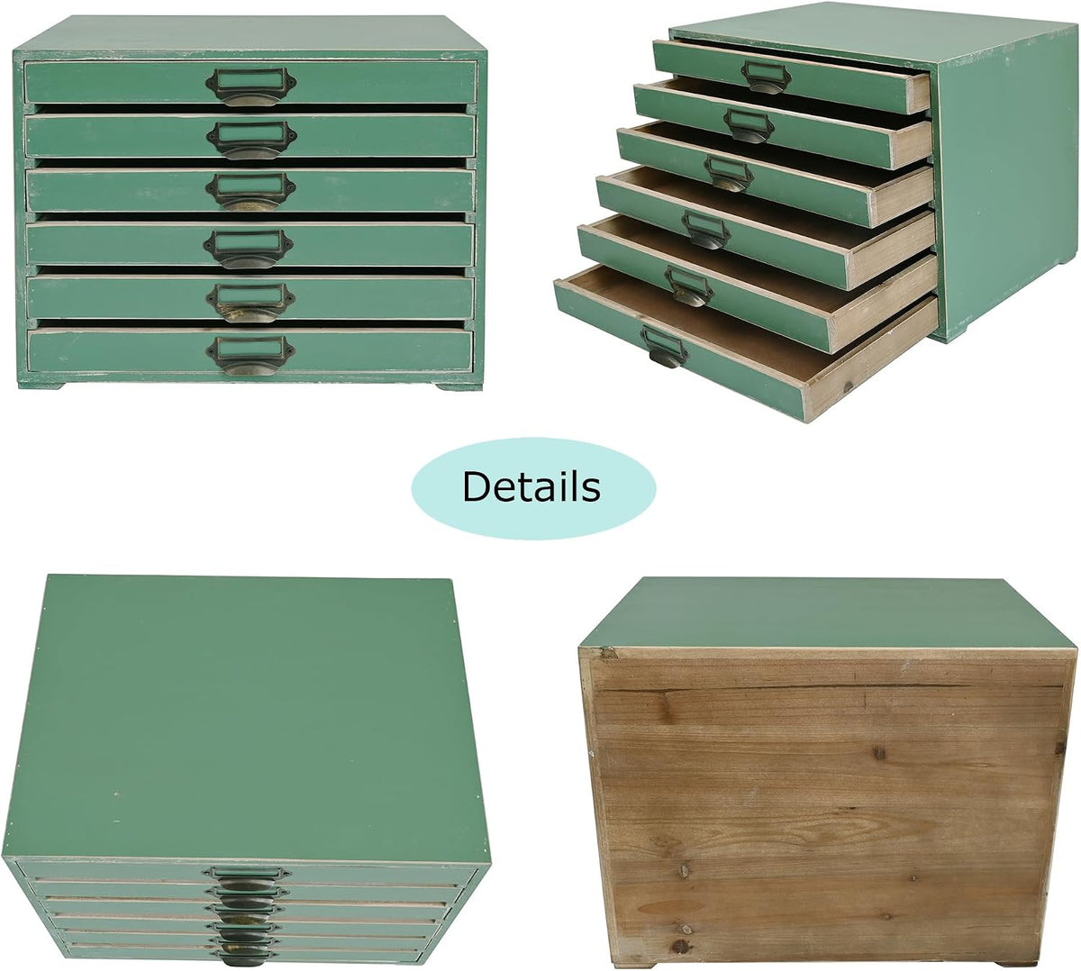 Wooden Desktop Organizer Cabinet with 6-Drawer Rustic Wood Shelf Drawer Antique Card Catalog Cabinet Distressed Decor Jewelry Cosmetics Craft Paper Storage Box for Home Office (Green)