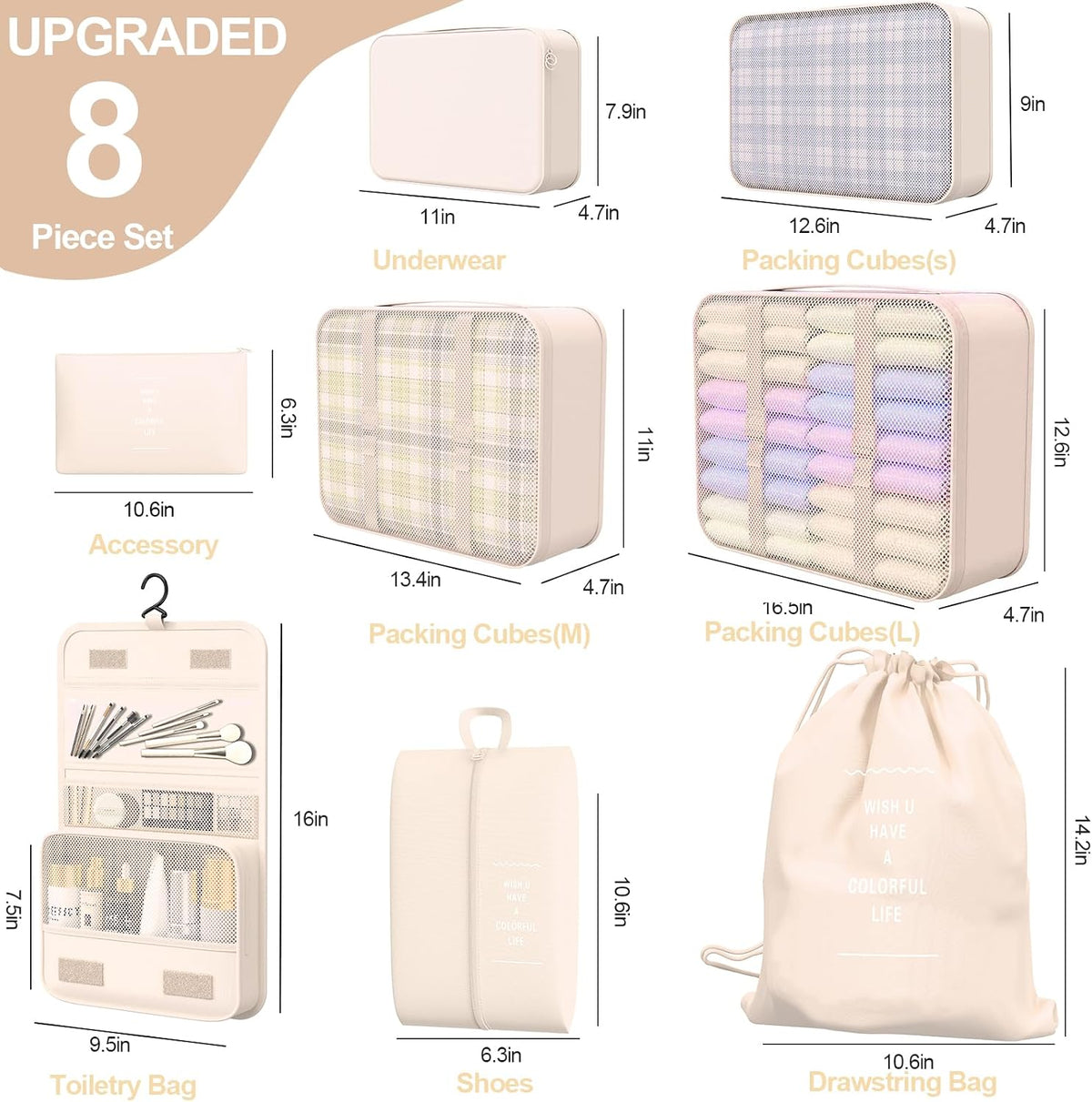 8 Set Packing Cubes for Travel, Suitcase Organizer Bags for Luggage (Cream)