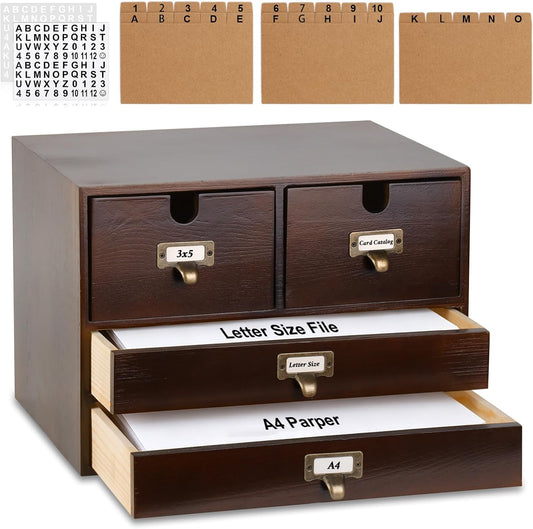 3 Tier 4 Drawers 3x5 Index Card Holder Wood Letter Size File Holder A4 Paper Storage Drawers Vintage Card Catalog Desktop Apothecary Cabinet with Drawers Library Card Cabinet 25 Dividers 2 Stickers