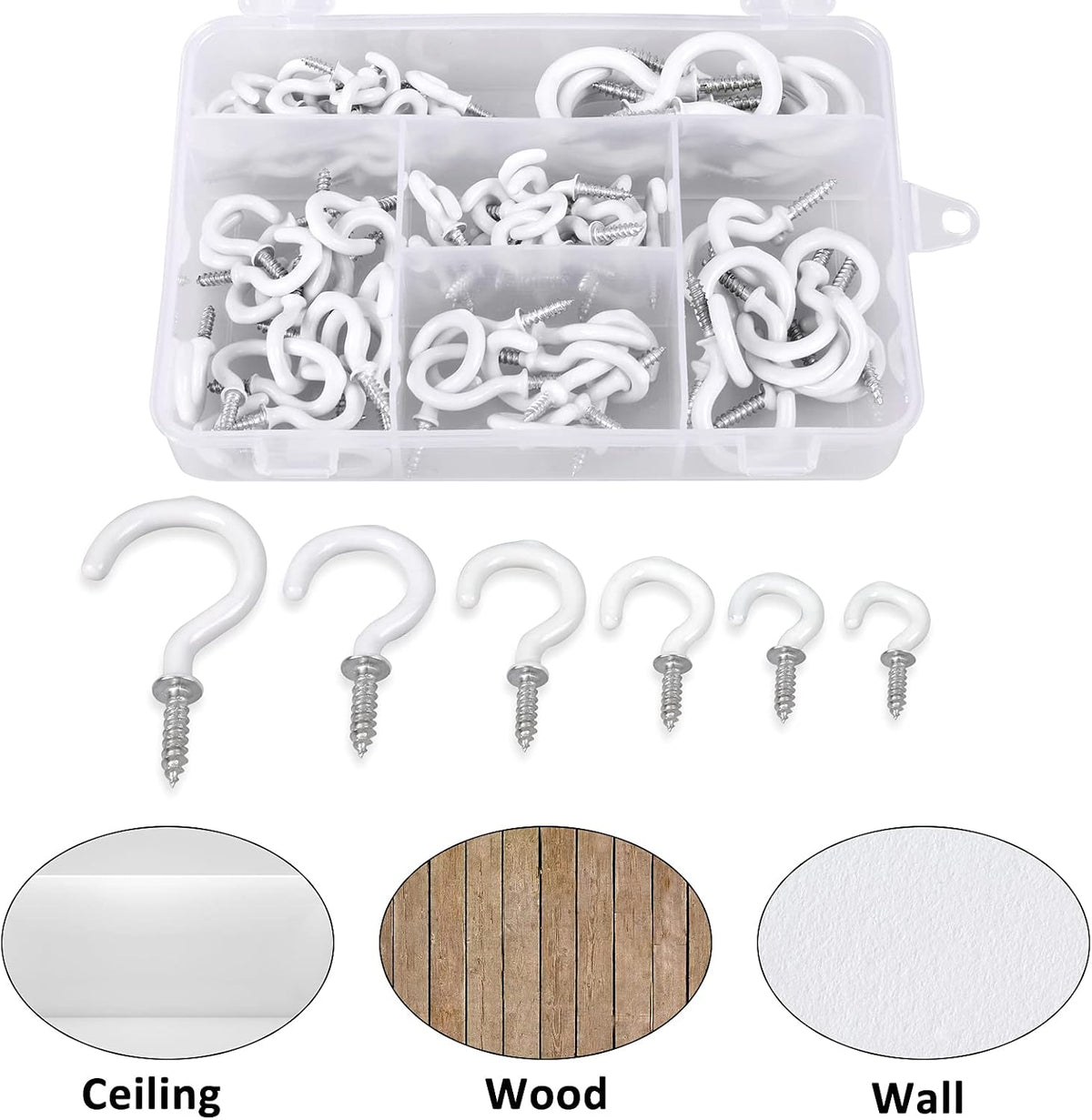 Romeda 90 Pcs White Ceiling Hooks kit, 6 Sizes Vinyl Coated Screw-in Plant, Kitchen, Cup, Ceiling Hooks for Hanging (1/2in, 5/8in,3/4in,7/8in,1'',1-1/4in)