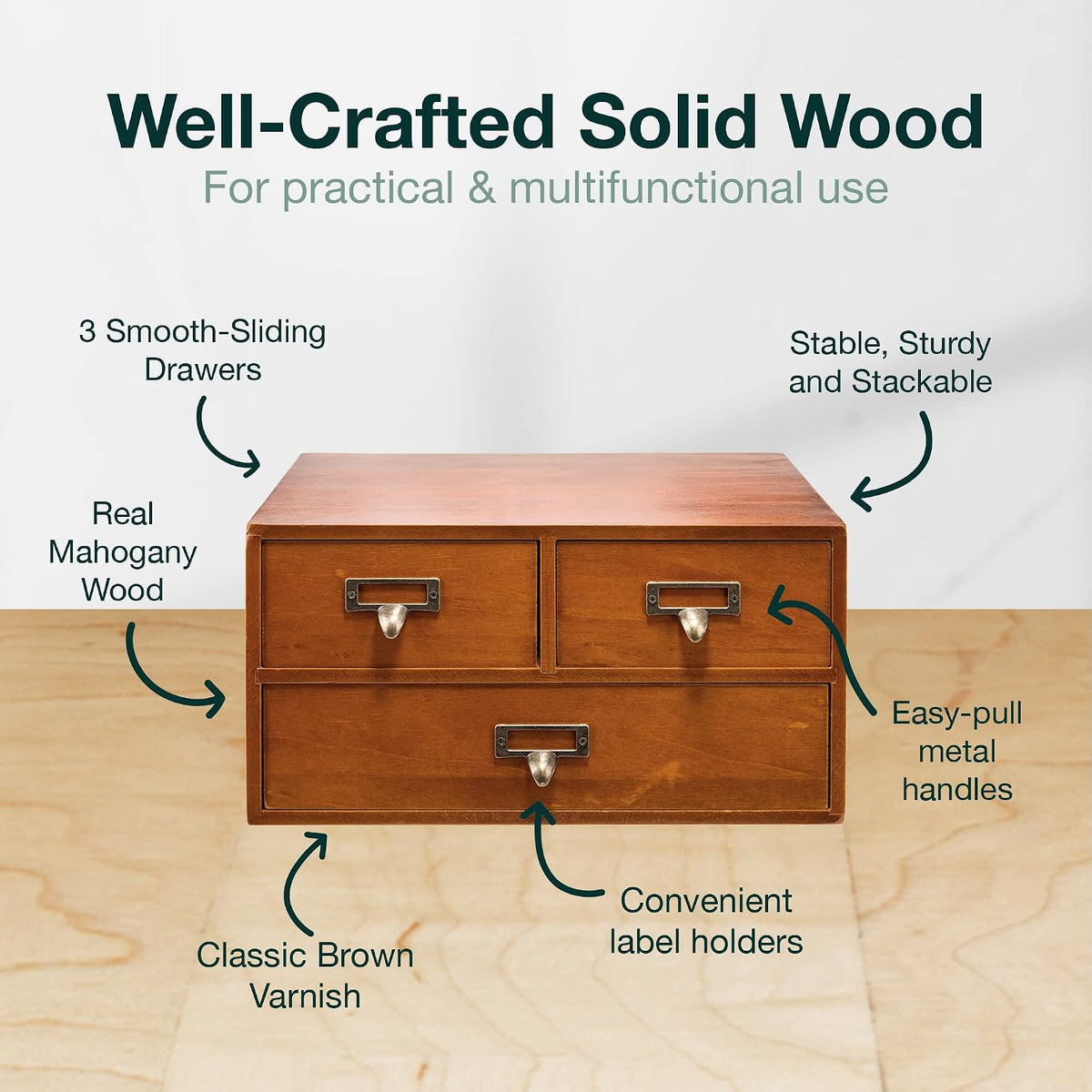 Modular Stackable Desktop Apothecary Cabinet with 3 Drawers - Solid Wood Medicine Cabinet for Tabletop - Card Catalog Drawers with Label Holders - Desktop Chest Drawer for Storage and Organization
