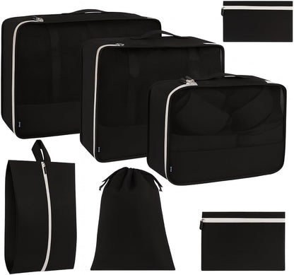7Pc Packing Cubes for Travel & Storage, Zipper & Drawstring Bags Set, Black