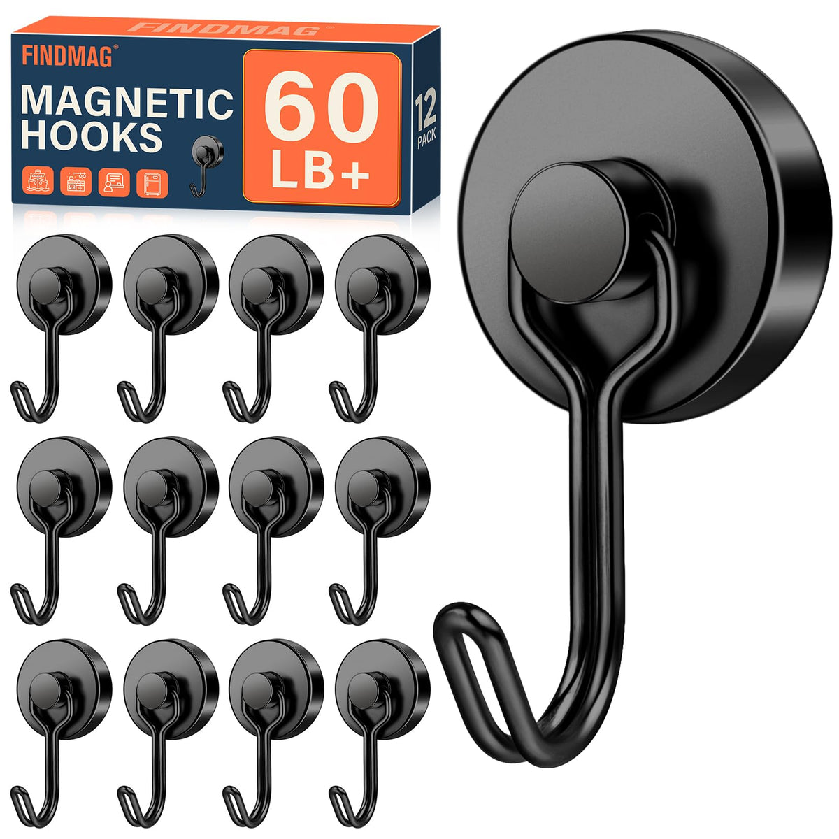 FINDMAG Magnetic Hooks for Cruise Cabins, 6 Pack, 30 LB+, Black