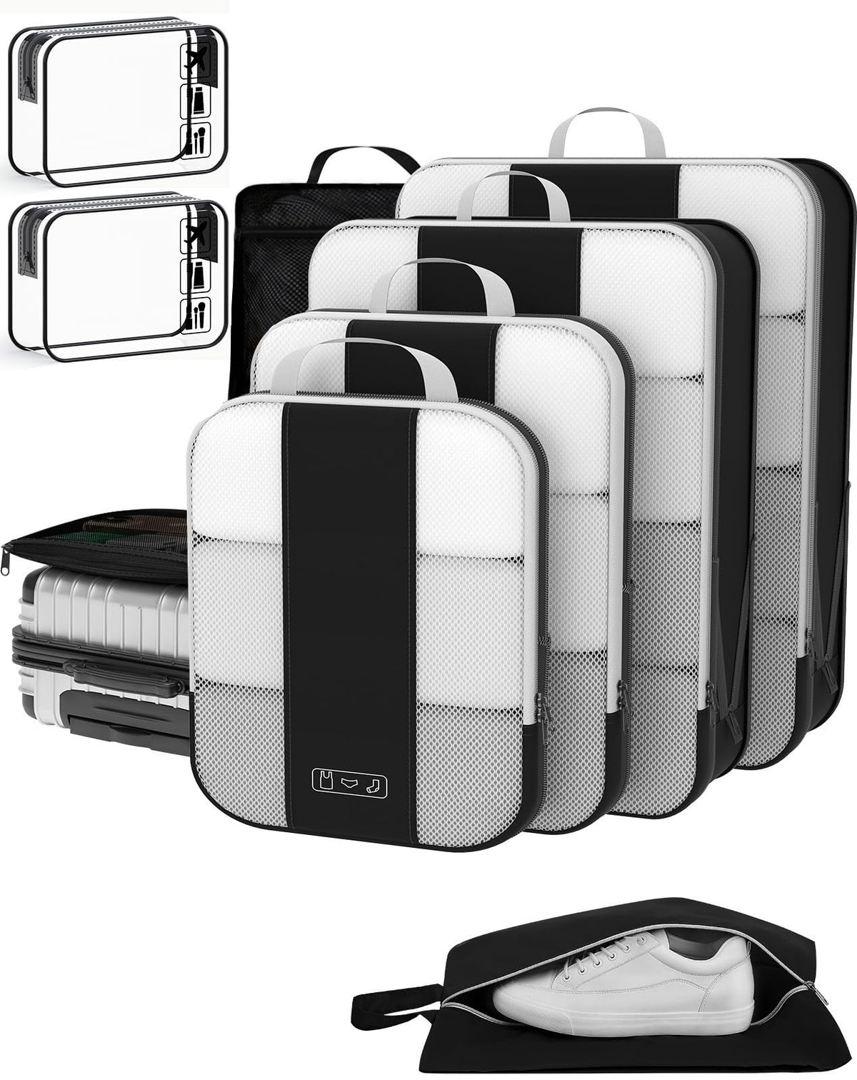 OlarHike 10 Set Compression Packing Cubes for Travel Essentials,Compressible Expandable Space Saver Bags for Organizing Clothes,Luggage Suitcase Garment Bags with Over 1000 pcs Mesh Holes(Black)
