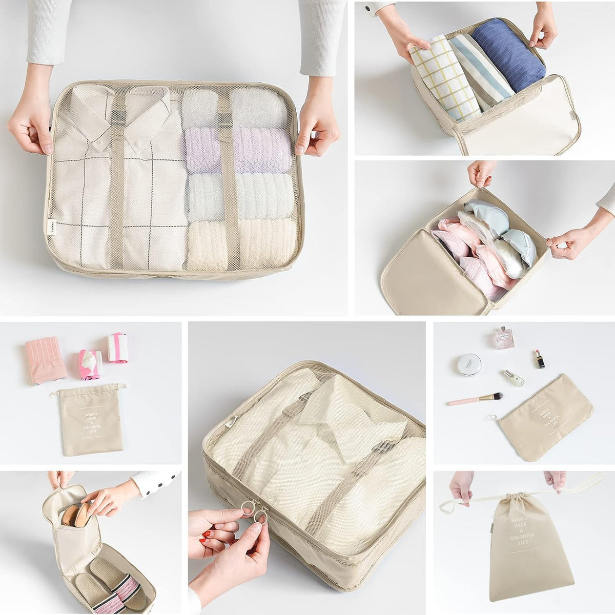 LANSKLBD 6/8 Set Packing Cubes for Suitcases Travel Luggage Packing Organizers,Travel Accessories Essentials Luggage Organizer with Shoe/Tioletry/Laundry Bag (Beige, 8 set)