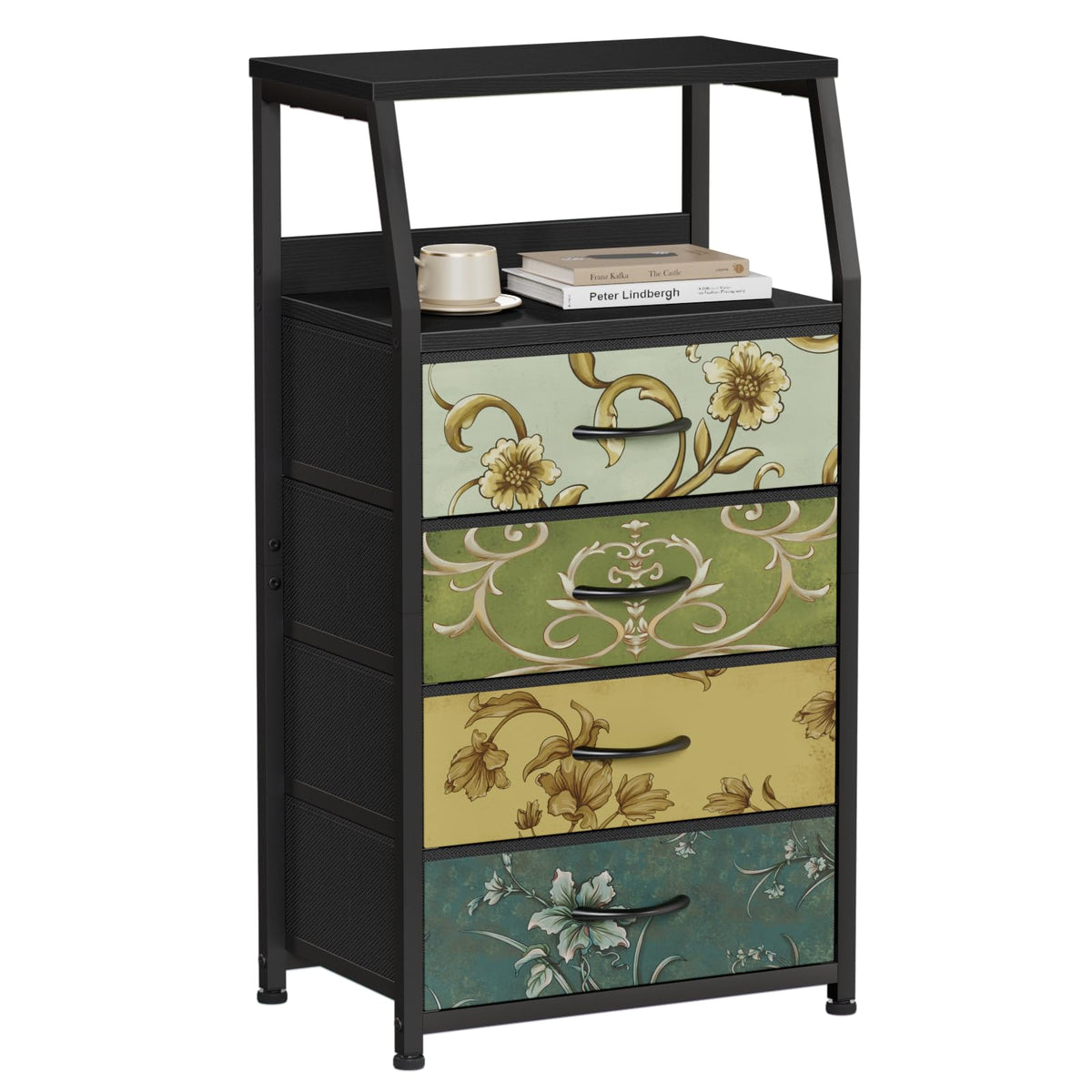 Furnulem Black Night Stand, Small Bedside Table for with 3 Fabric Drawers