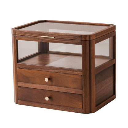 Walnut Wood & Glass Storage Cabinets Desktop Organizers Countertop with Drawers (SYJ-SCWD03)