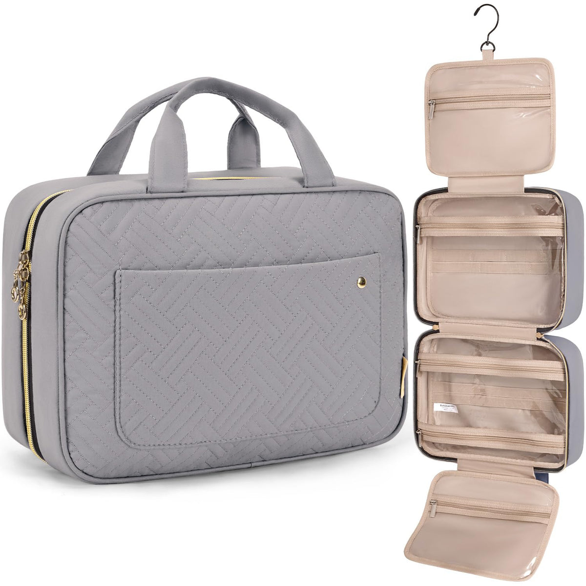 BAGSMART Toiletry Bag Travel Bag with Hanging Hook, Water-resistant Makeup Cosmetic Bag Travel Organizer for Accessories, Shampoo, Full-size Container, Toiletries (Black, Medium)