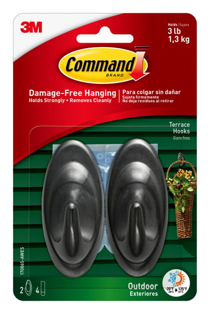 Command Outdoor Terrace Hooks, 2 Hooks and 4 Strips, Damage-Free Hanging Wall Hook for Hanging Back to School Decorations with Weather Resistant Strips, Holds up to 3 lb