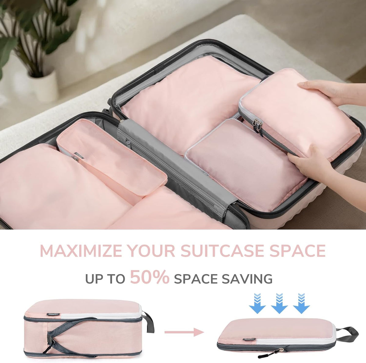 CherryNow 7 Set Compression Travel Packing Cubes, Travel Essentials, Pink