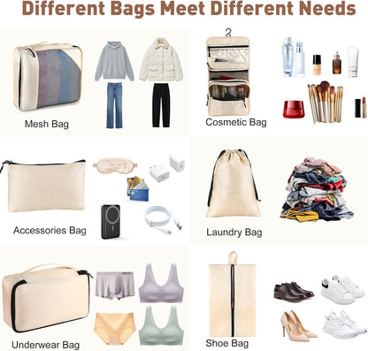 Toncoke 8-Piece Packing Cubes for Travel, 2026 Upgraded Durable Zippers & Reinforced Mesh, Complete Luggage Organizer Set with Shoe/Toiletry/Laundry Bags, 4 Sizes for Suitcase, Men Women, (Beige)