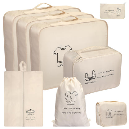 8 Set Travel Packing Organizers, Luggage Organization Bag, Beige
