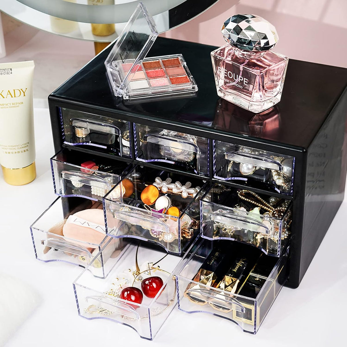 Stackable Desk Organizer with 9 Drawers, Clear Storage Box, Black