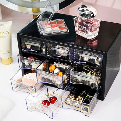 Stackable Desk Organizer with 9 Drawers, Clear Storage Box, Black