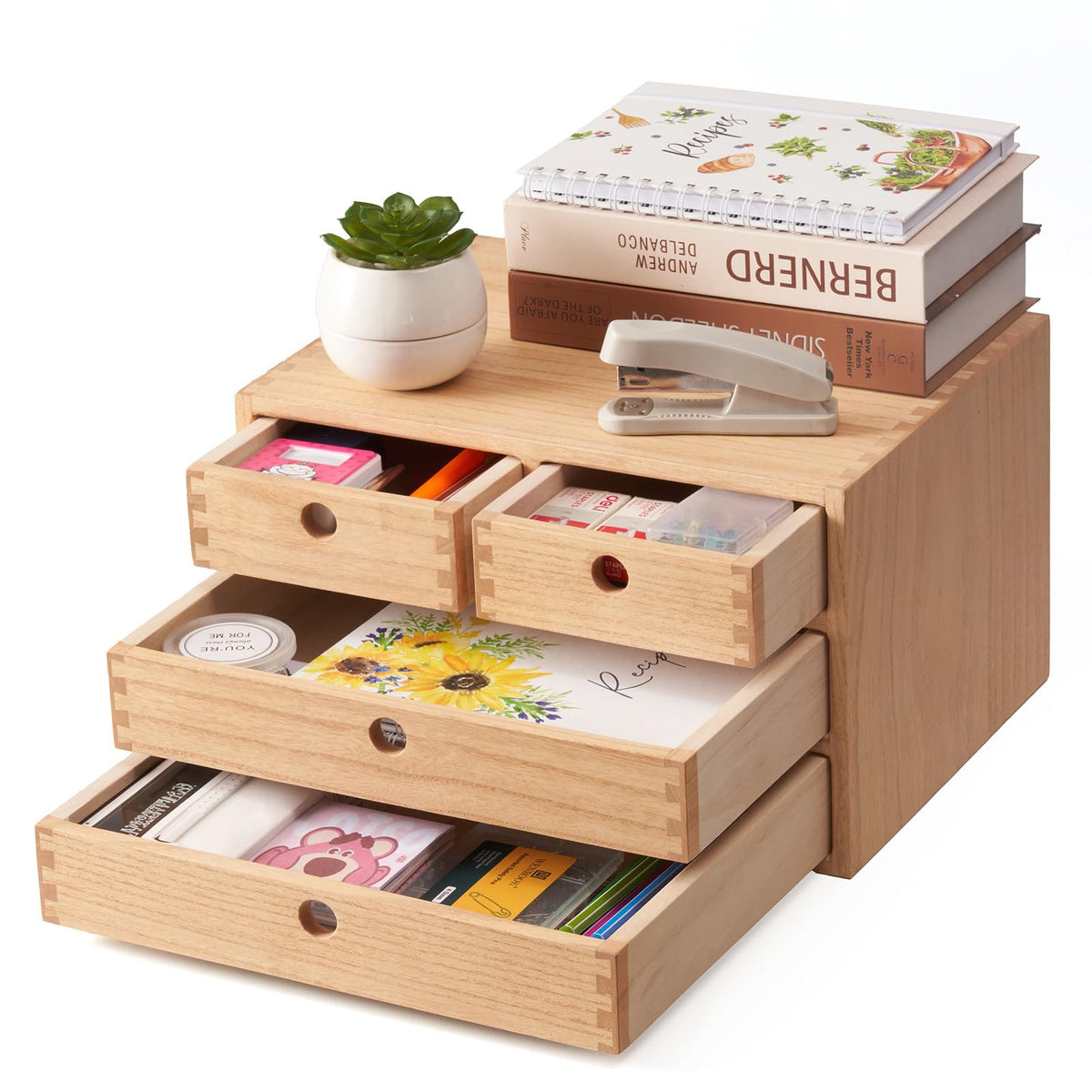 KIRIGEN Solid Wood Desk Organizer with 2 Drawers, Desktop Storage, Brown