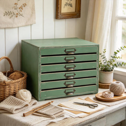Wooden Desktop Organizer Cabinet with 6-Drawer Rustic Wood Shelf Drawer Antique Card Catalog Cabinet Distressed Decor Jewelry Cosmetics Craft Paper Storage Box for Home Office (Green)