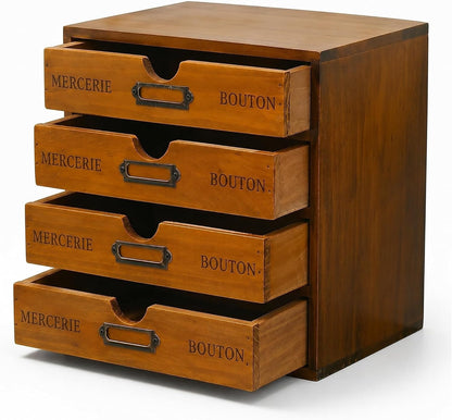 Modular Stackable Apothecary Cabinet 4 Drawer Desk Organizer - Retro Library Card Catalog Wood Storage Box - Organize Stationery, Thread Embroidery, Sewing, Crafts, Junk Drawer & Supplies Countertop