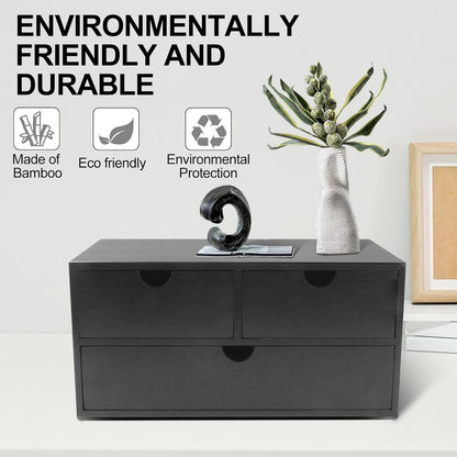 Charmewooden Bamboo Desk Organizer with 3 Drawers, Countertop Organizer with Drawers Makeup Storage Drawer 3 Drawer Tabletop Storage Organization Box Home Office Workspace（Black）