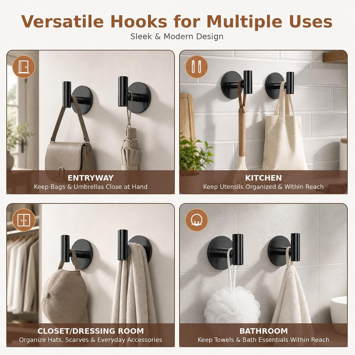 Self-Adhesive Coat Hooks, Stainless Steel Heavy Duty Wall Hooks, Towel Hooks for Hanging Robes, Aprons, Coats and Hats in Bathrooms,Kitchens and Hotels(2 Pack, Black)
