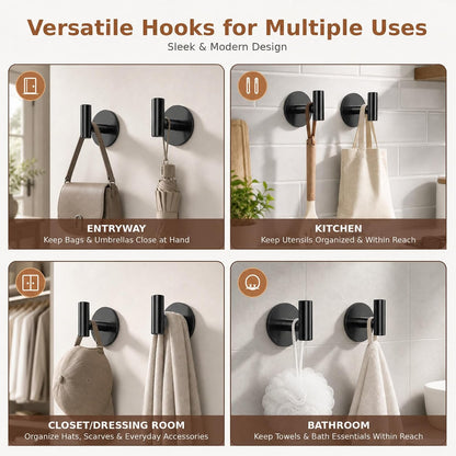 Self-Adhesive Coat Hooks, Stainless Steel Heavy Duty Wall Hooks, Towel Hooks for Hanging Robes, Aprons, Coats and Hats in Bathrooms,Kitchens and Hotels(2 Pack, Black)