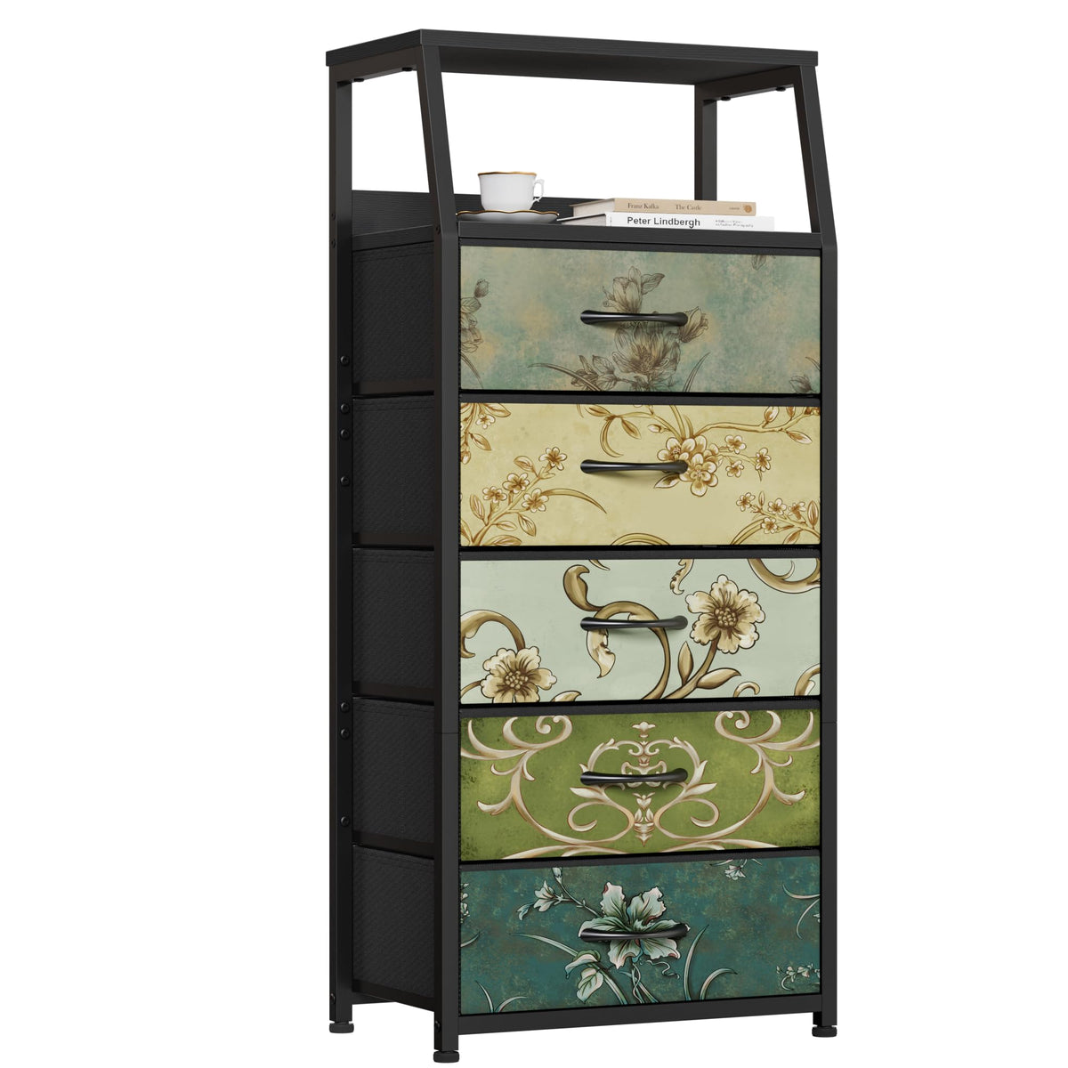 Furnulem Black Night Stand, Small Bedside Table for with 3 Fabric Drawers
