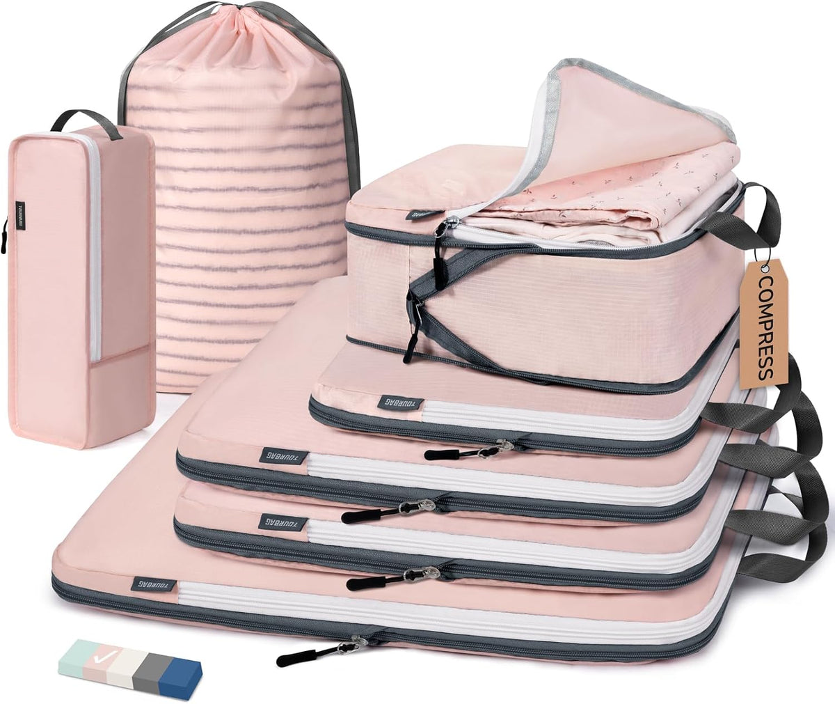 CherryNow 7 Set Compression Travel Packing Cubes, Travel Essentials, Pink