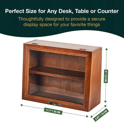 2-Tier Mini Display Cabinet - Wooden Storage Display Organizer with Dust Free Door - Bi-Level Rack & Wood Storage Box for Desk, Table Top or Counter Display - Small Organizing Cabinet for Desktop
