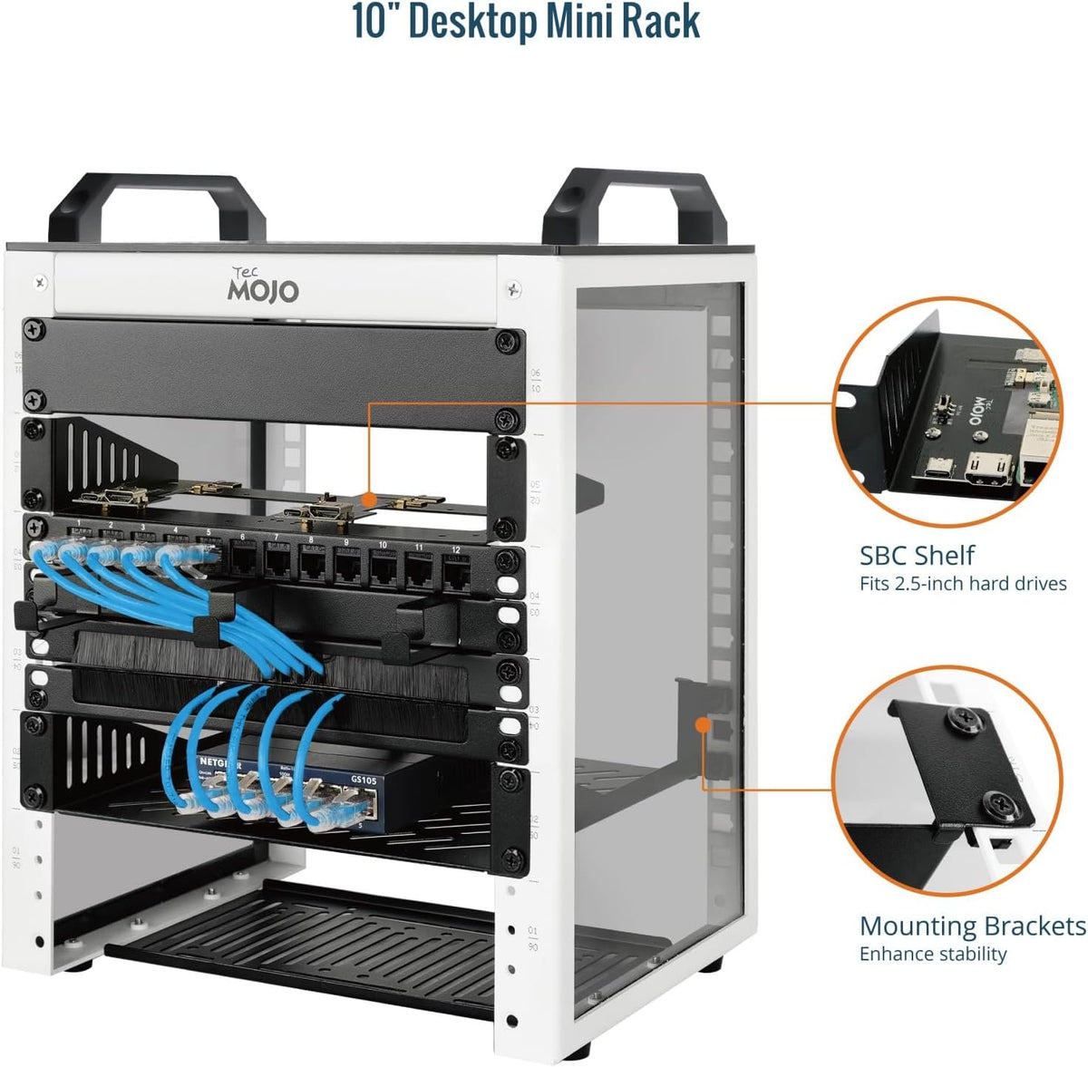 Tecmojo 6U Network Rack, 10 inch Mini Server Rack with 2 Side Translucent Panels & 2 Top Handles, 7.87 inch Deep, for 10 inch IT Equipment & A/V Devices, White