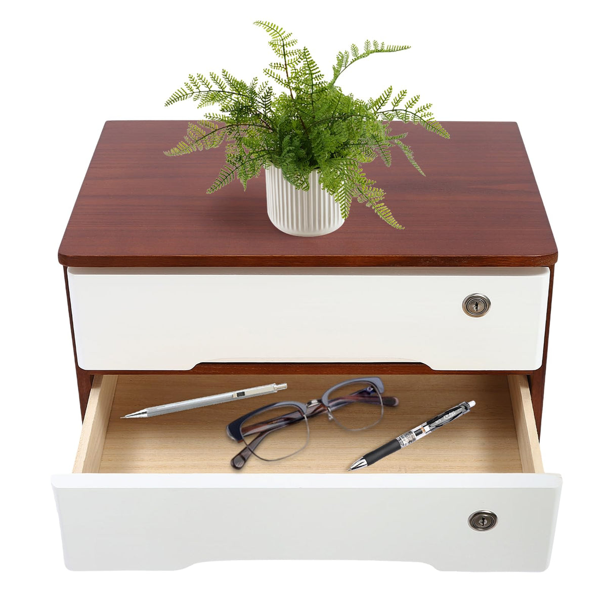 Wooden Desktop Storage Box with Lockable Drawers,2 Drawer Desktop Organizer Cabinet,Flat File Cabinet,Countertop Storage Cabinet for Office Home Toiletries Supplies Vanity (White 2 locks)