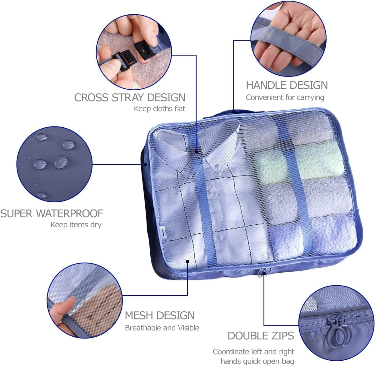 LANSKLBD 6/8 Set Packing Cubes for Suitcases Travel Luggage Packing Organizers,Travel Accessories Essentials Luggage Organizer with Shoe/Tioletry/Laundry Bag (Dark Blue, 8 set)